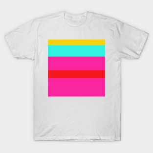 A limited consistency of Red (Pigment), Barbie Pink, Golden Yellow and Fluorescent Blue stripes. T-Shirt